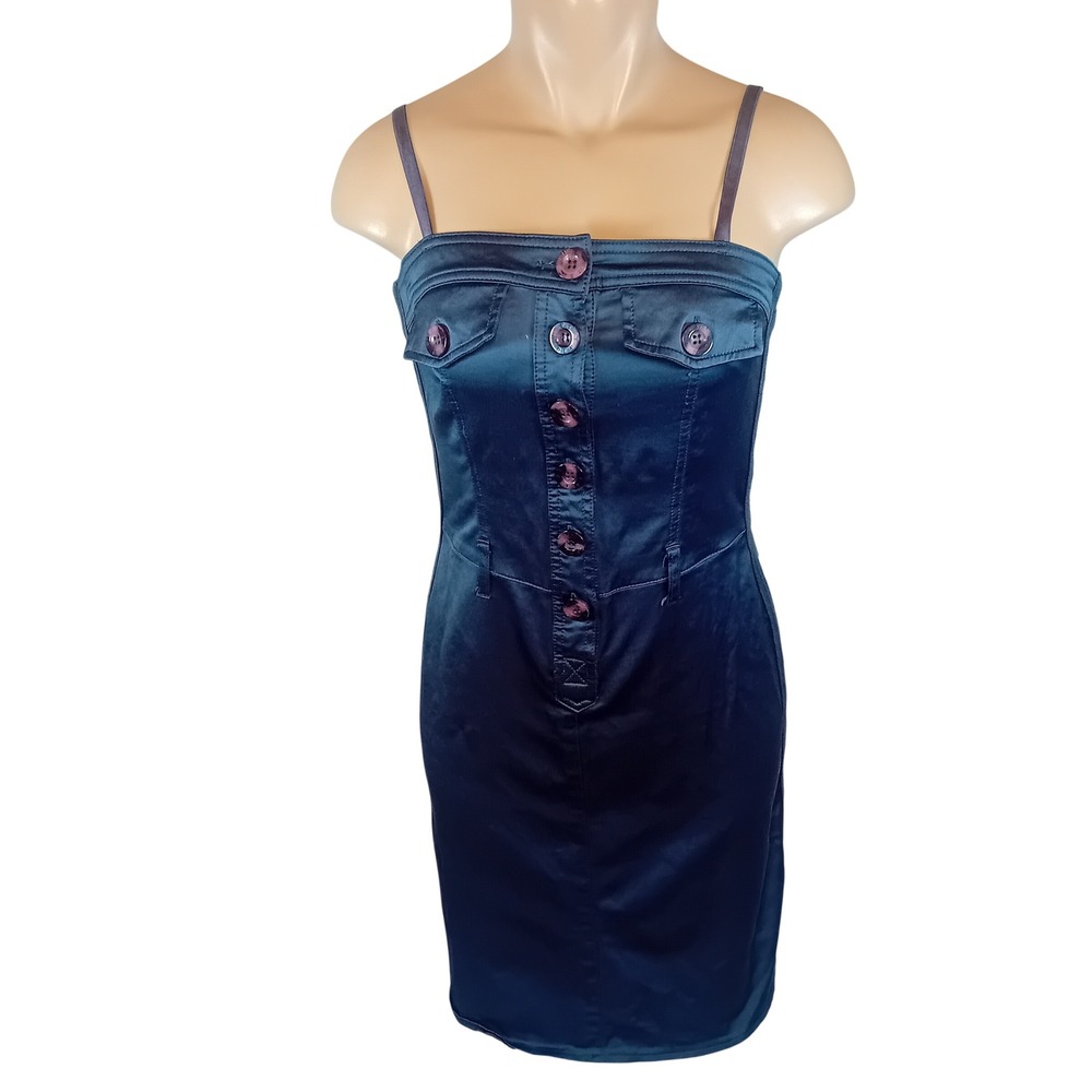 Vintage Y2K DEPT Button Sheath Bodycon Mini‎ Dress Satin Cocktail Formal S READ